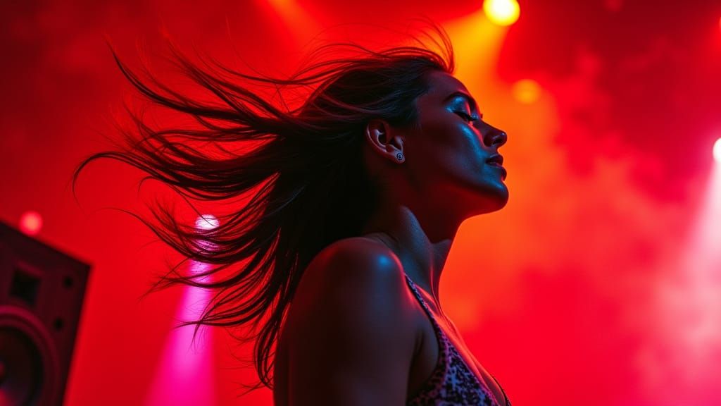 Woman Mesmerized by Sound in Dramatic Spotlight