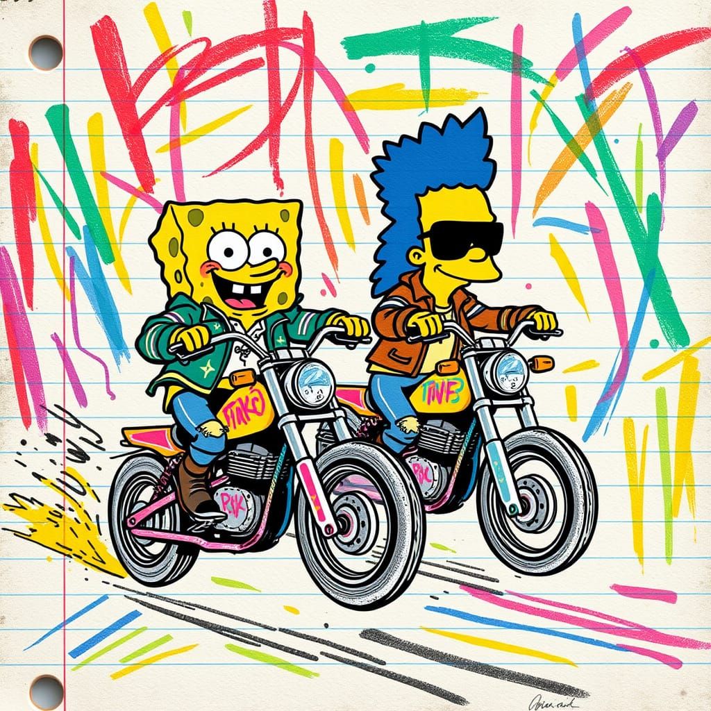 Spongebob and Bart Simpson, riding choppers