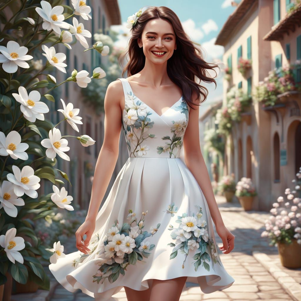 Brunette Woman in White Dress: Hyperrealistic 3D Art