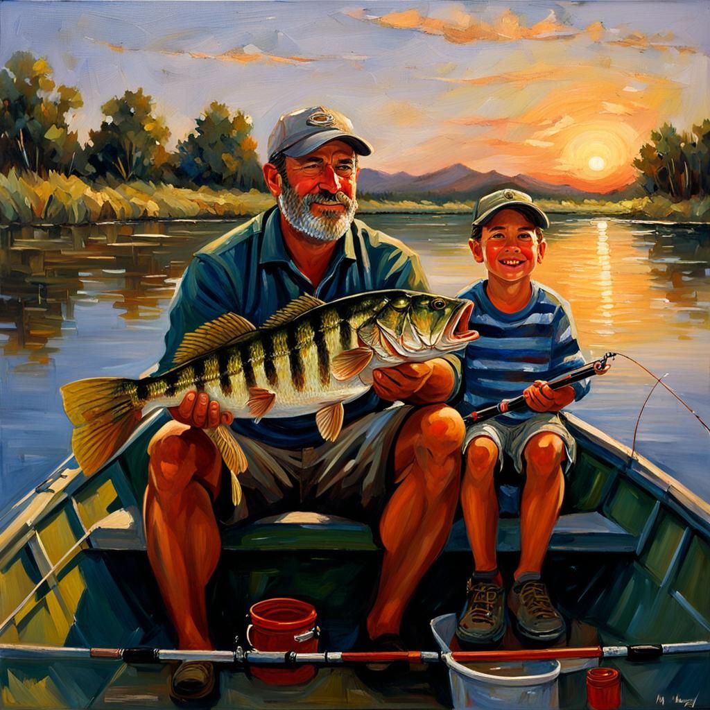Father and Son Fishing at Sunset: Oil Painting