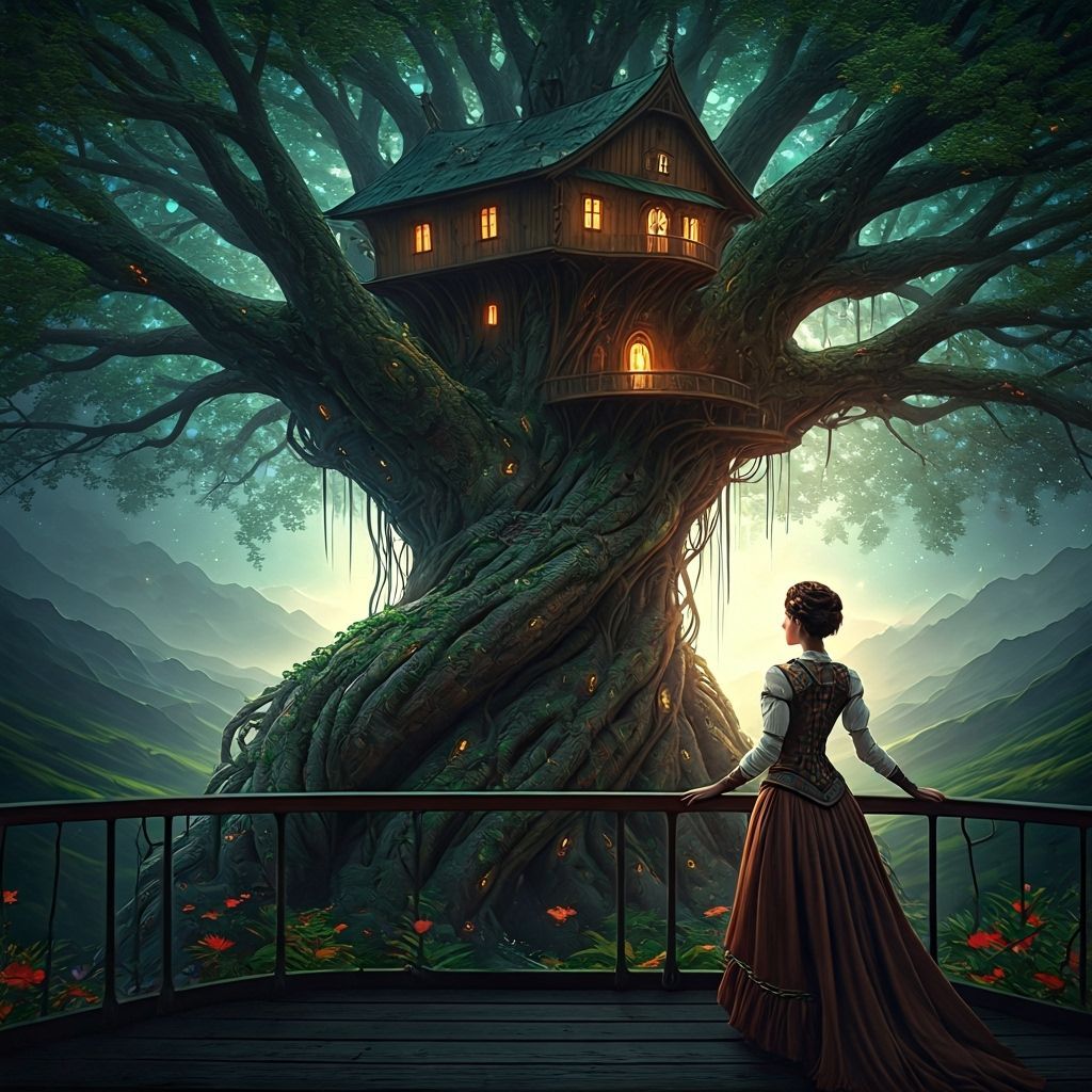 Steampunk Woman in Ancient Treehouse Amidst Cosmic Roots