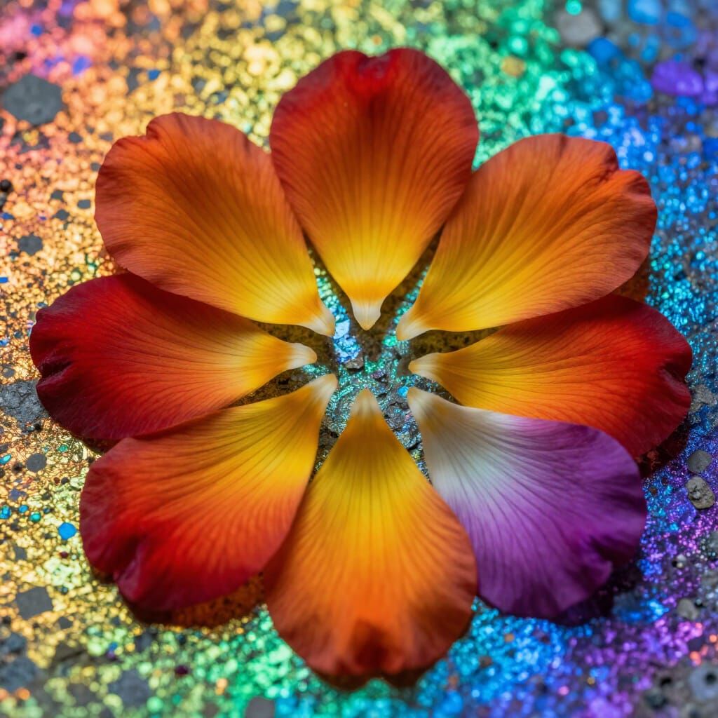 Individual flower petals arranged  as art against  rainbow metallic micro textures calcopyrite