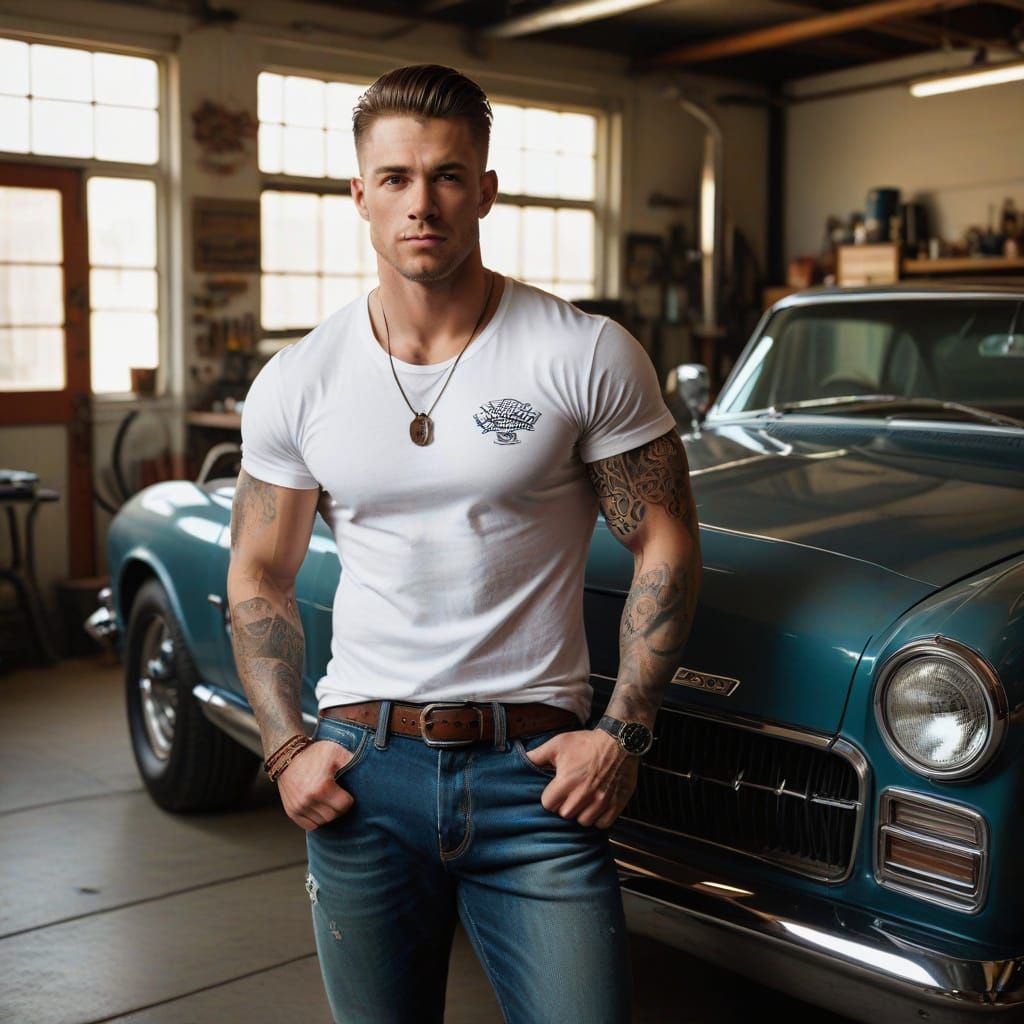 Mechanic Leans Against Vintage Car in Garage