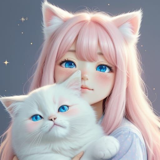 Kawaii Art: Cute Girl Hugs Fluffy Cat