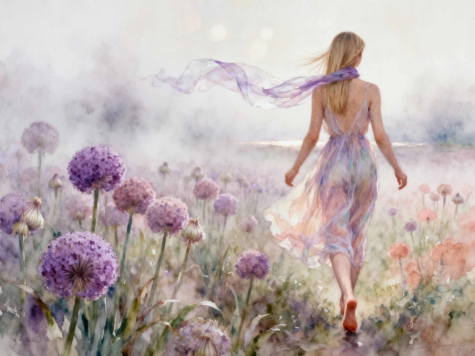 Impressionist Fog Scene With Woman and Garlic Field