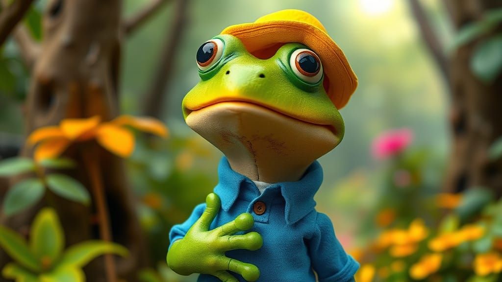 Surprised Frog Puppet in Whimsical Forest