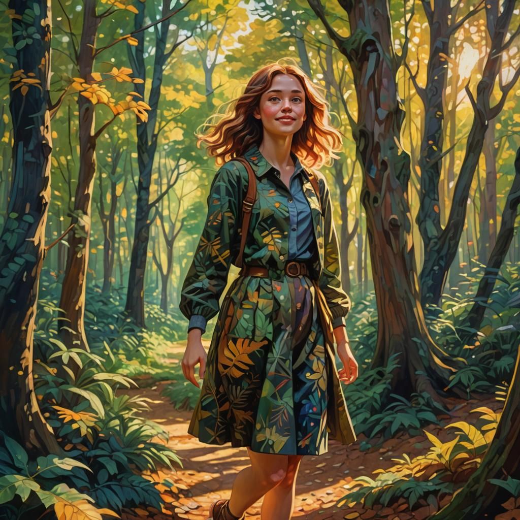 Neo-Impressionist Woman in Whimsical Forest