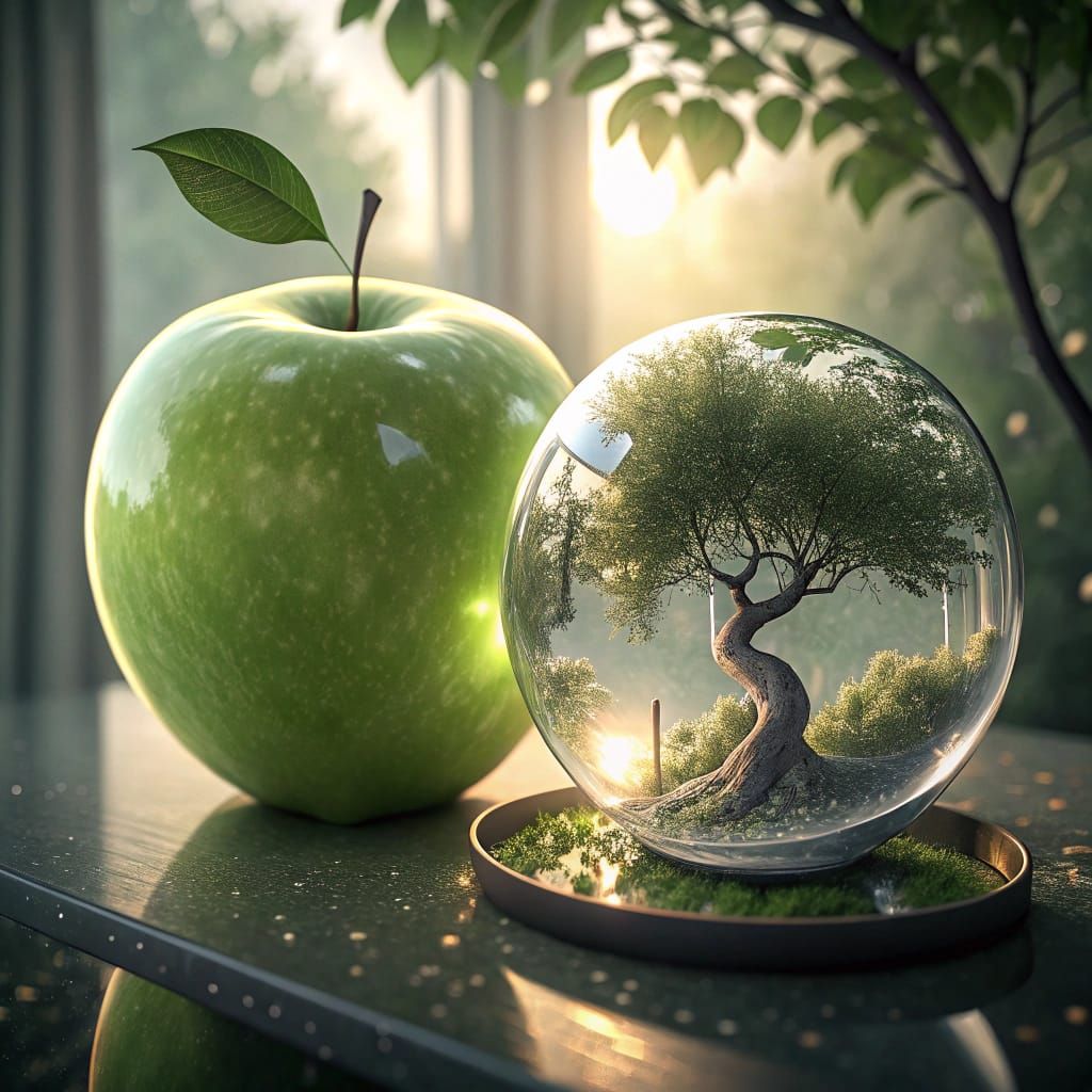 Surrealist Apple Masterpiece with Intricate Crystal Orb