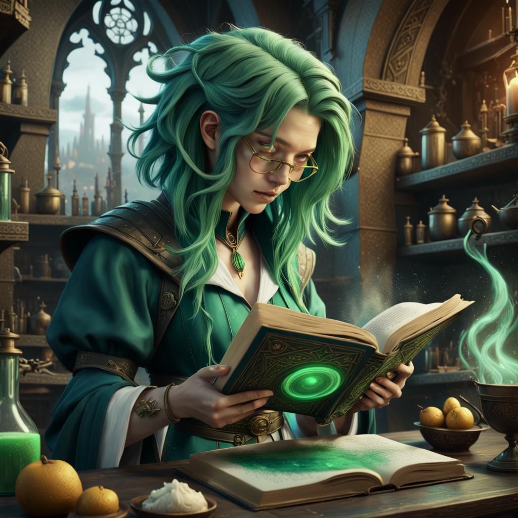 Fantasy Alchemist Student in Dark Classroom, Detailed Digita...