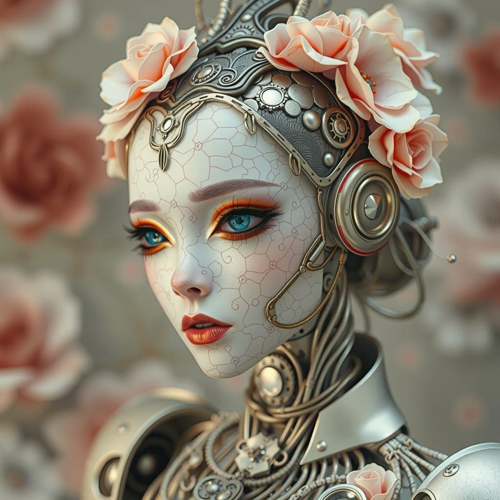 Elegant Cyborg Troll with Floral Etchings