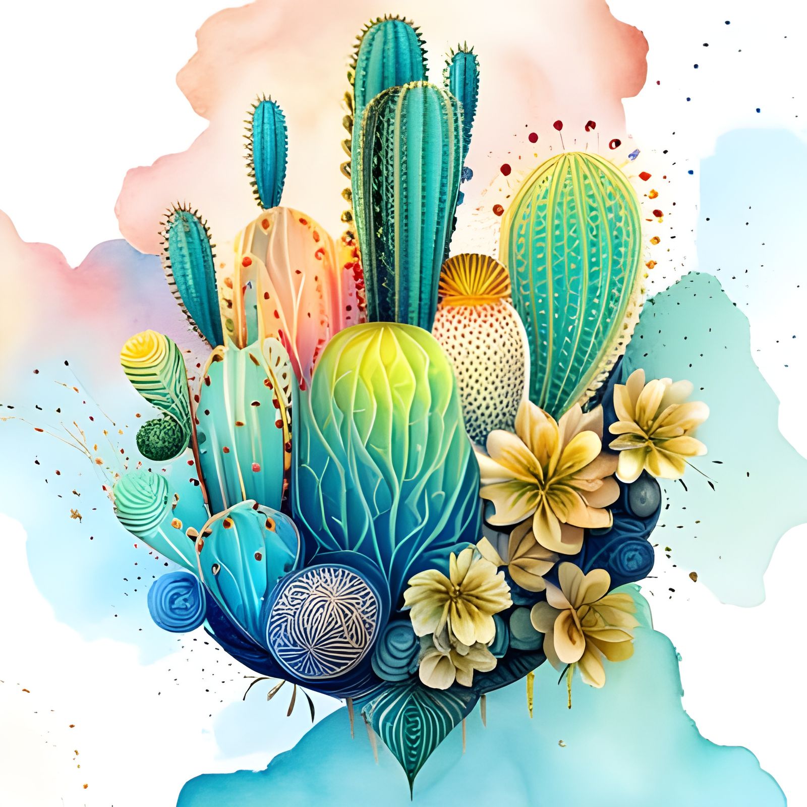 Intricate Cactus in Magical Desert: Geometric Abstract Art