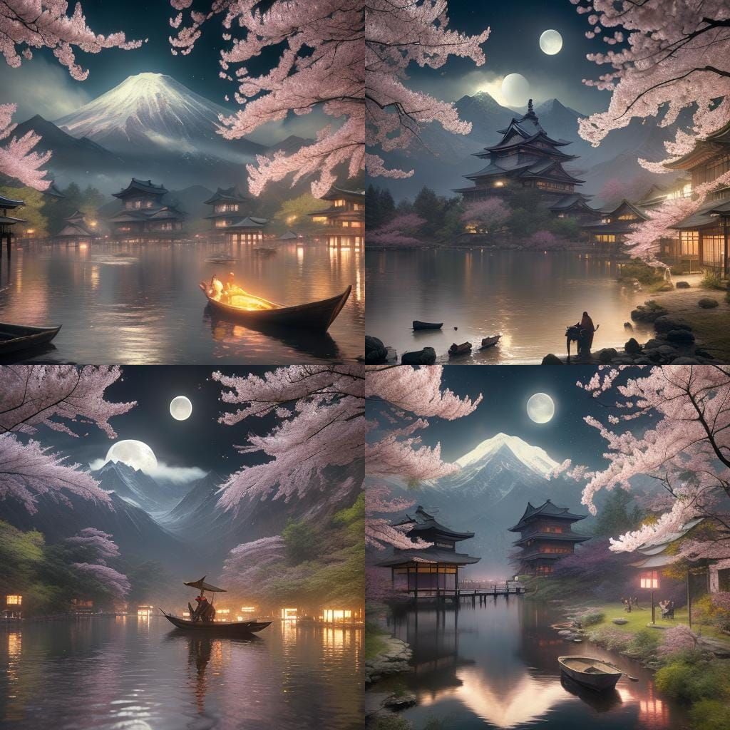 Japanese Village Shimmers in Pastel Pink Night