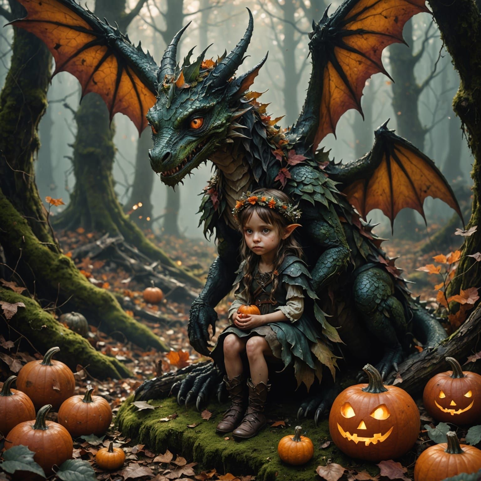 Dark Fantasy Portrait of Fairy and Dragon in Misty Autumn Fo...