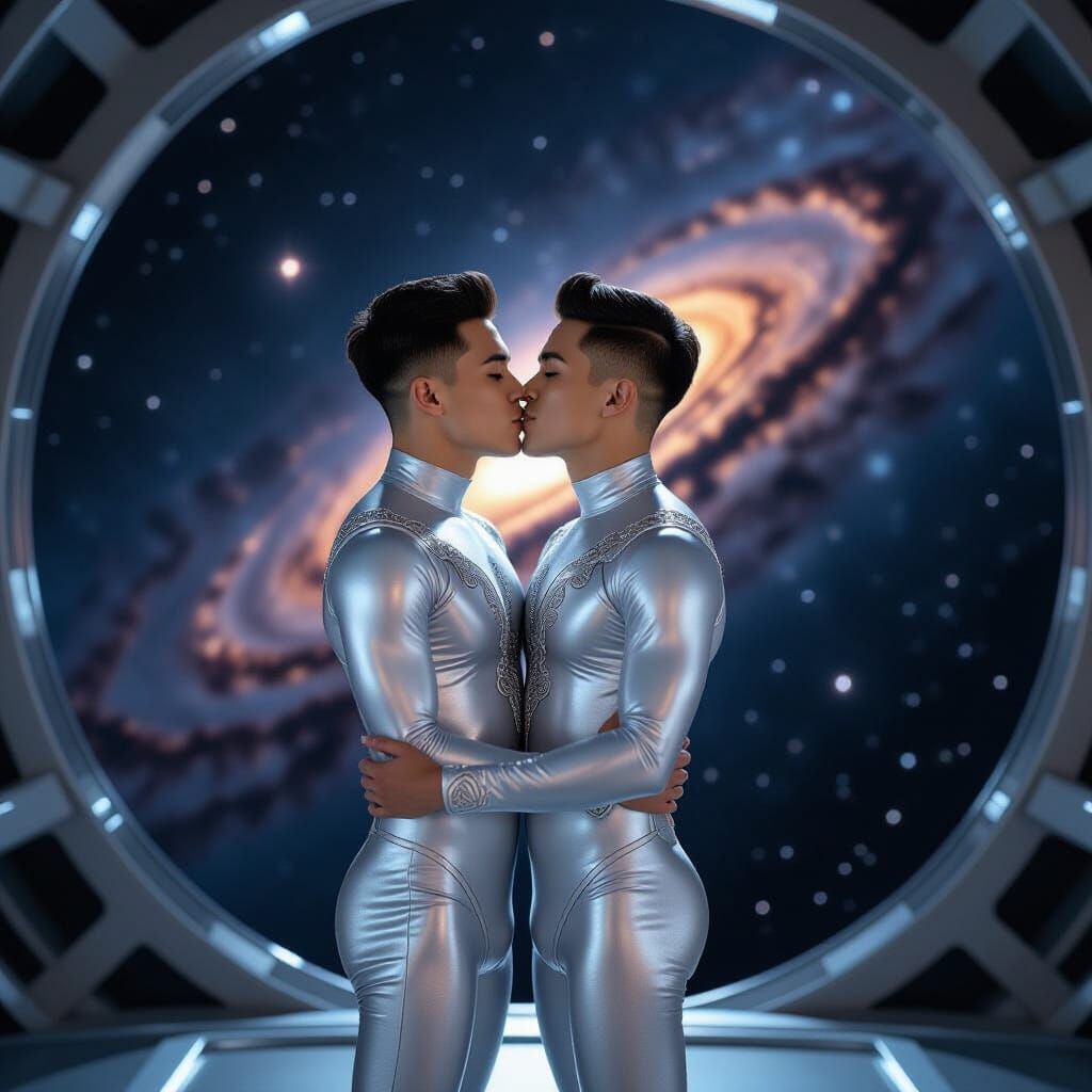 Gay Men Embrace in Space, Black Hole Background