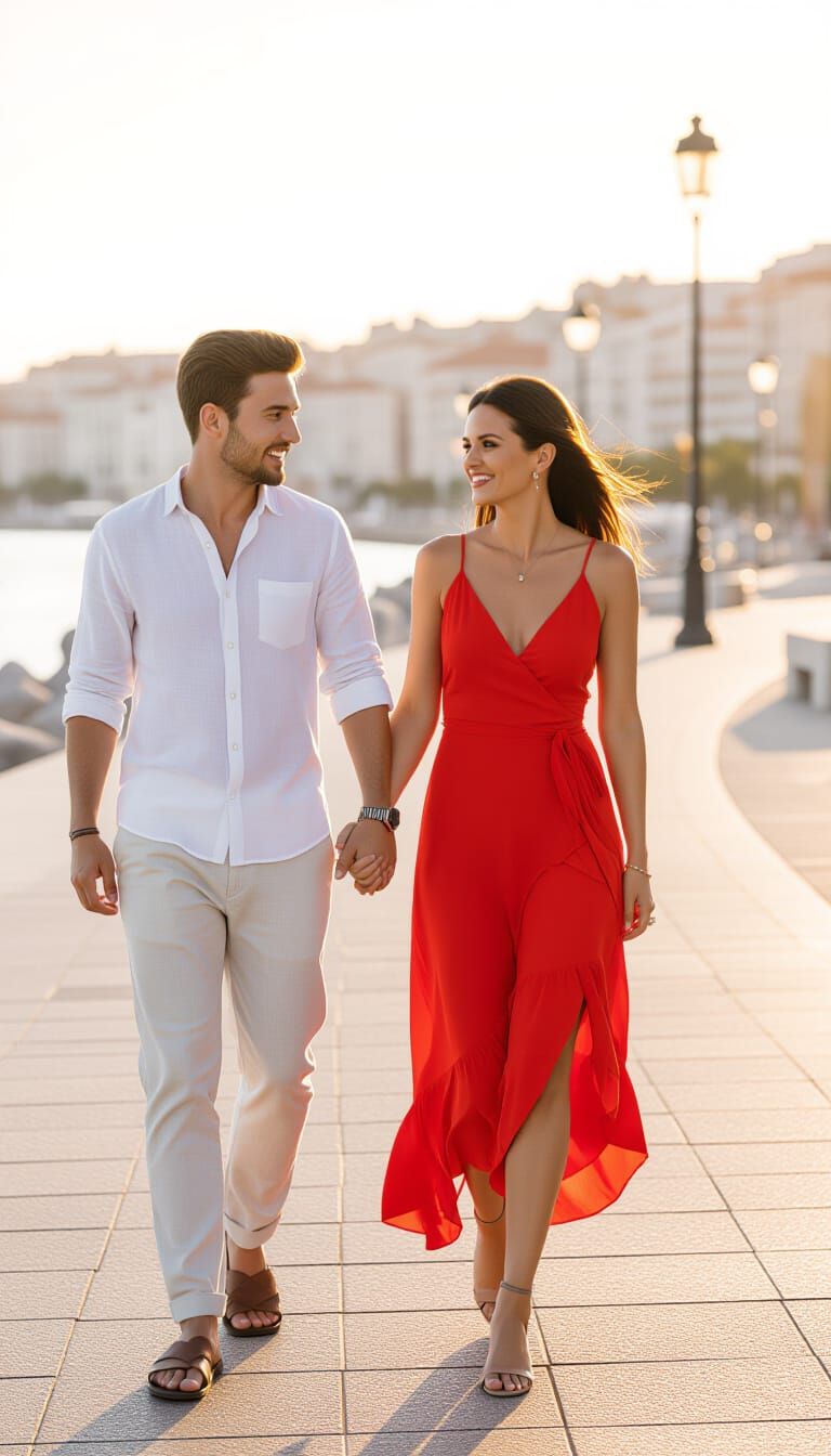 Couple Walking at Sunset on the Promenade