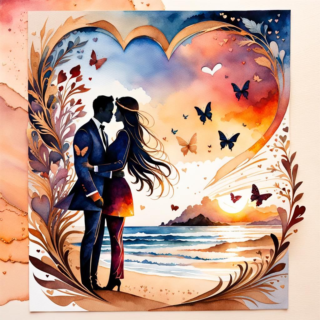 Watercolor Mail Art of Happy Couple on Beach