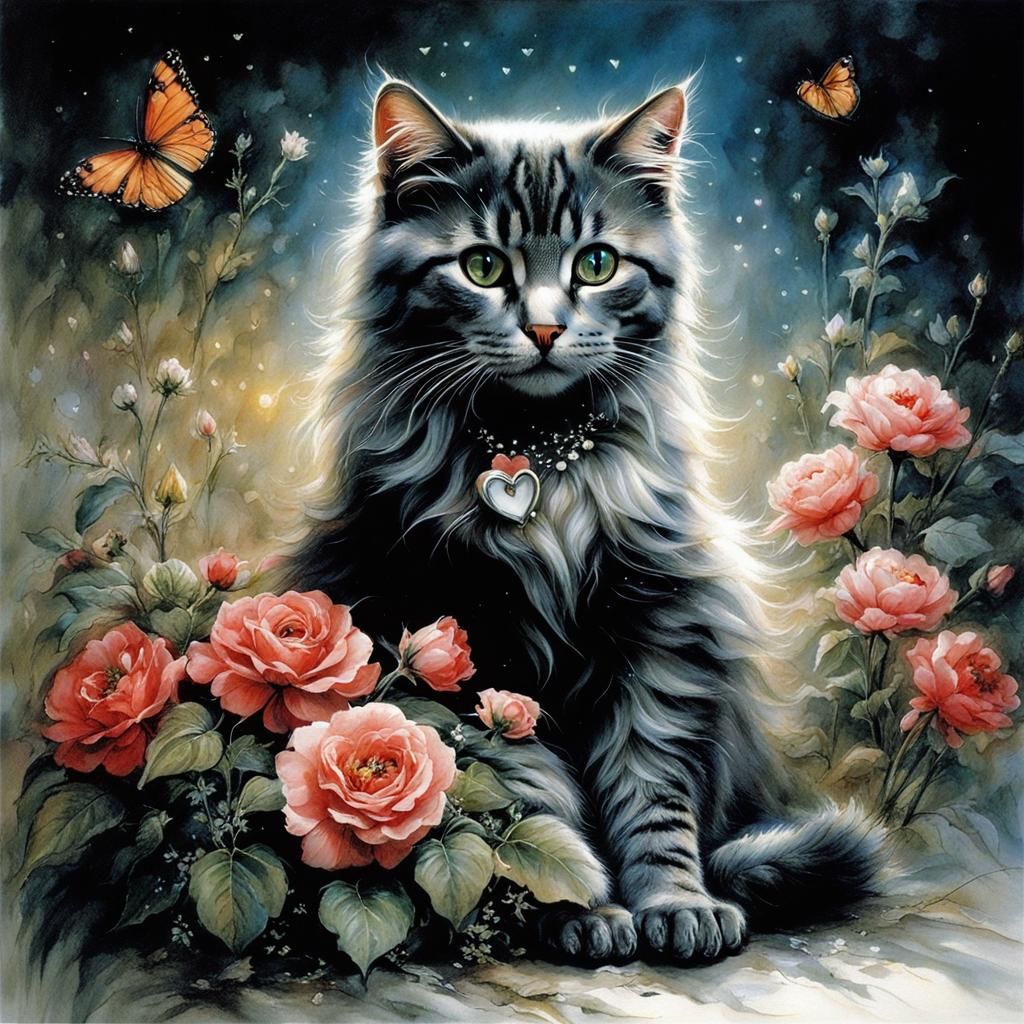 Cat with Flowers in Fantasy Illustration Style