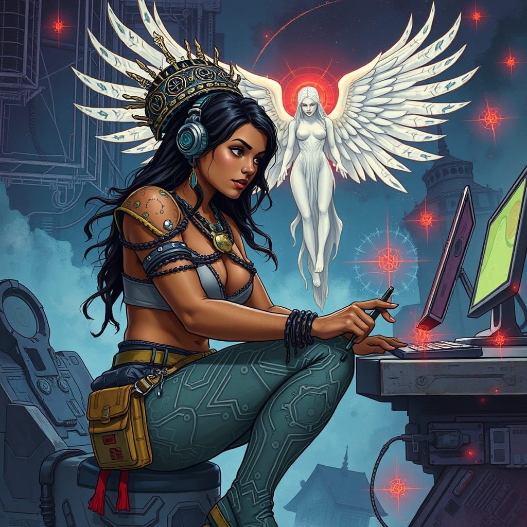 Interstellar Hacker with Angel of Hope in Digital Art Style