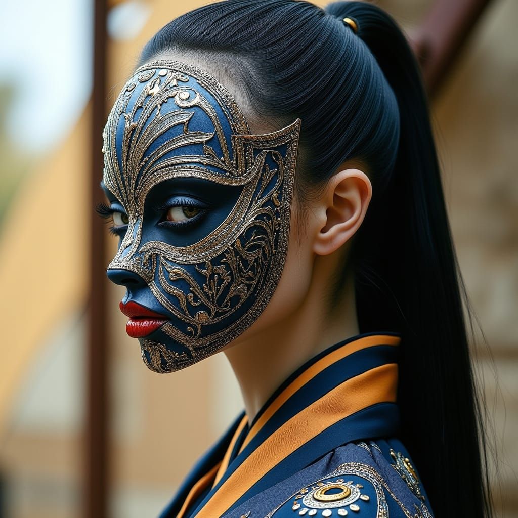 Female Samurai in Intricate Mask, Modern Anime Art