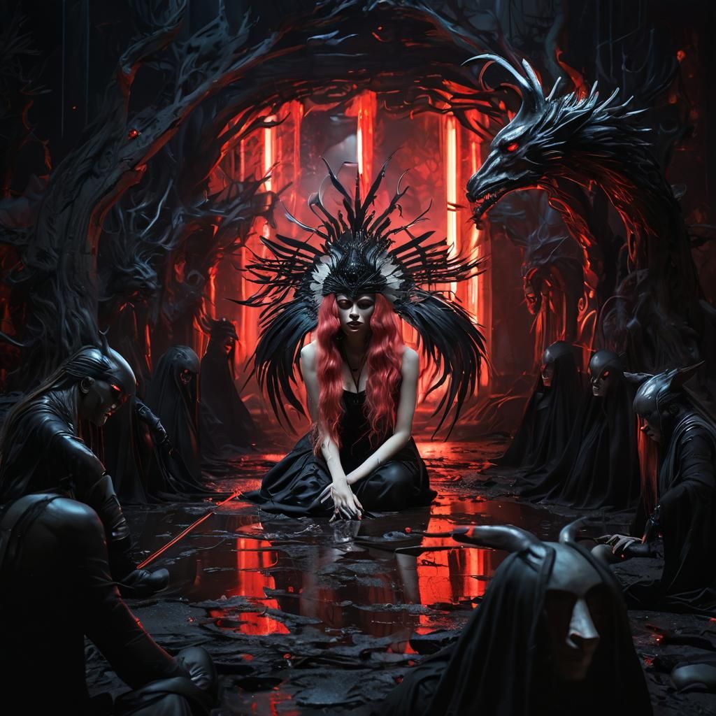 Woman with Pink Hair in Surreal Darkscape