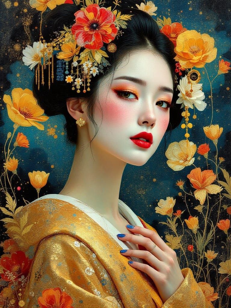 Geisha in Golden Symbolist Style with Sparkling Gold