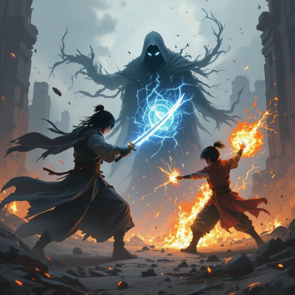 Intense Immortal Family Battle in Dark Fantasy Style