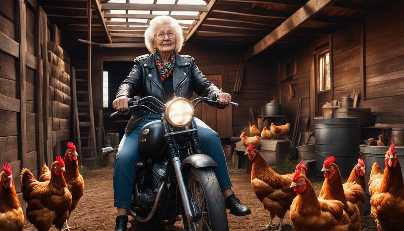 My grandma rides a motorcycle in the chicken coop. (2)