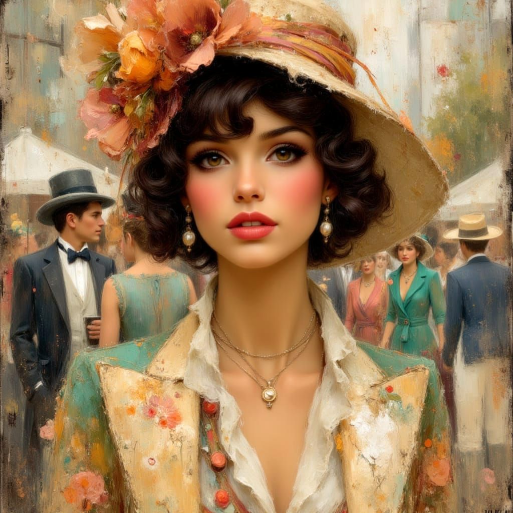 Vintage Glamour Woman at Race Day in Klimt Style