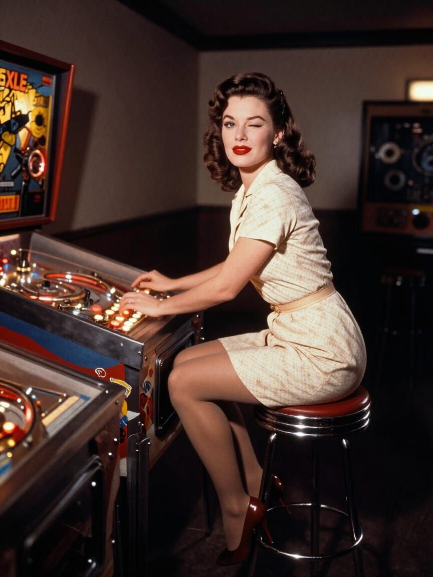 1950s Pinup Plays Pinball Machine