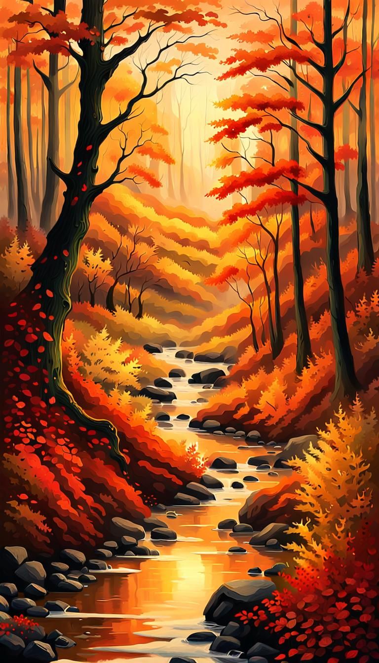 Mystical Autumn Landscape Painting at Dusk