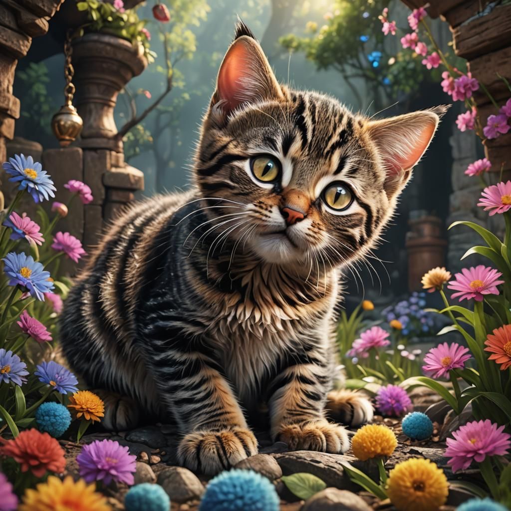Mama Tabby Cat and Kitten: a Detailed Matte Painting