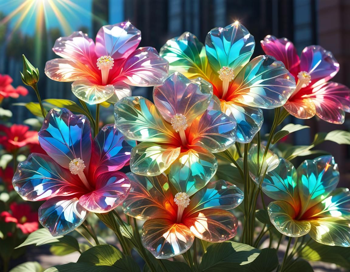Iridescent Crystal Hibiscuses in Jeweled City Garden