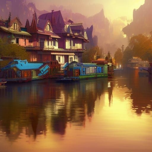 Colorful Houseboats on the River: Art Nouveau Style