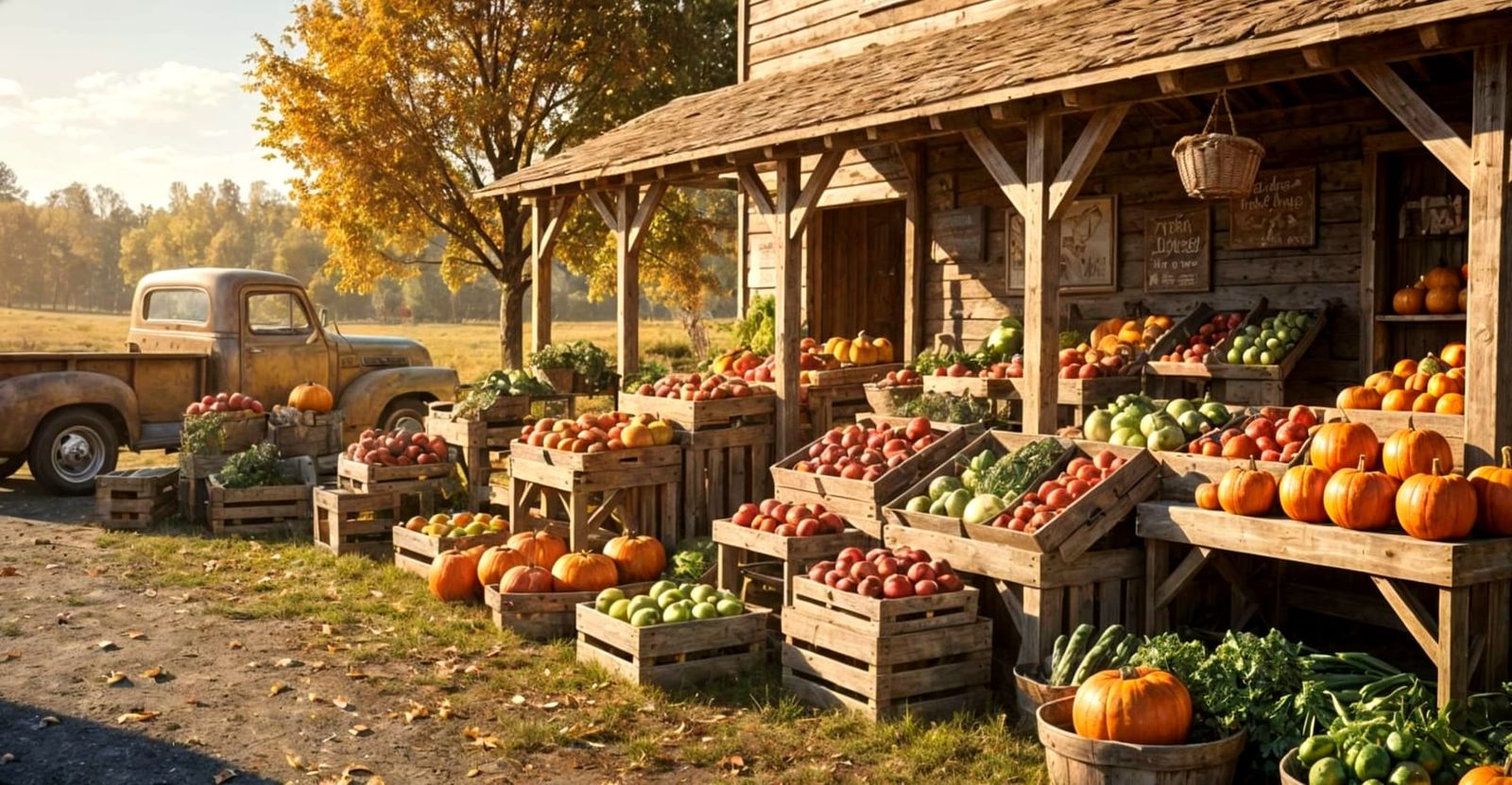 Charming Rustic Farmstand in Autumn Sunlight