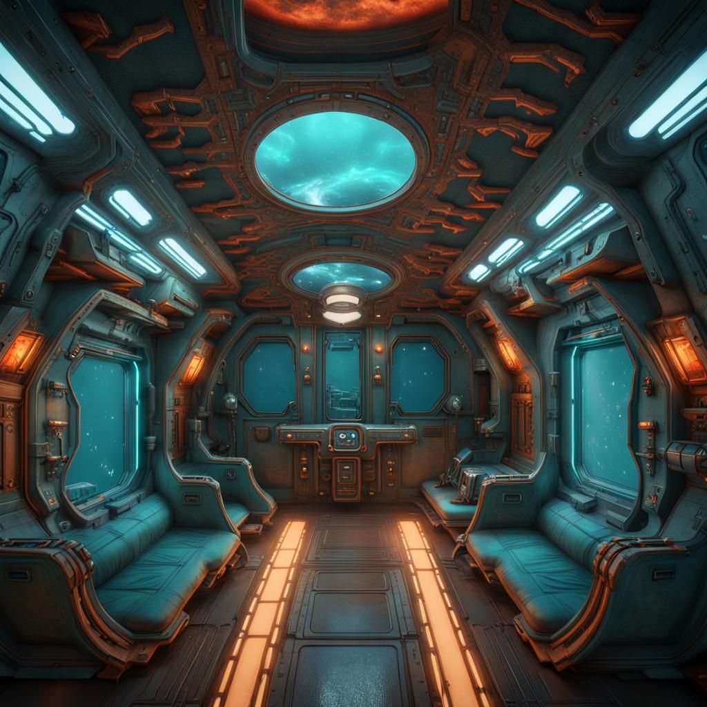 Detailed Spaceship Interior in Teal and Rust