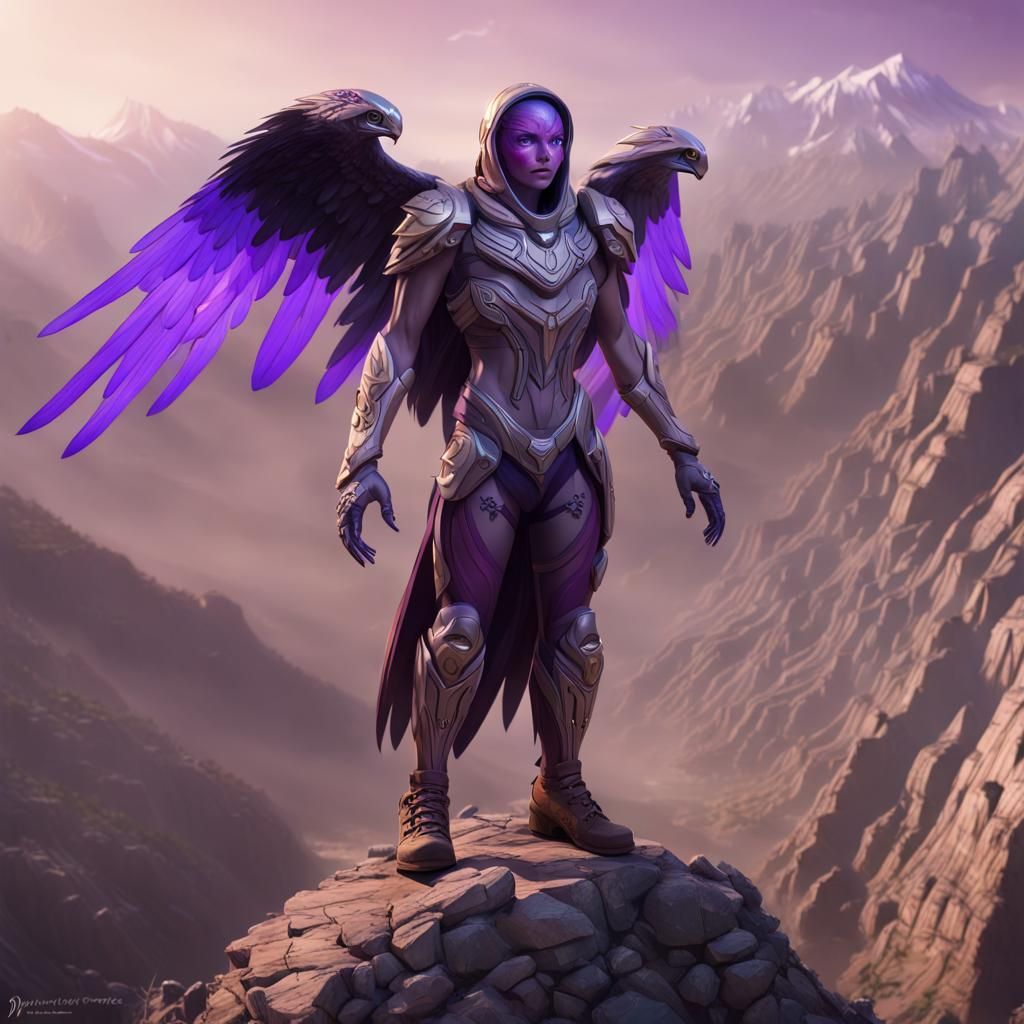 Purple Falcon Humanoid Hovering Above Mountains