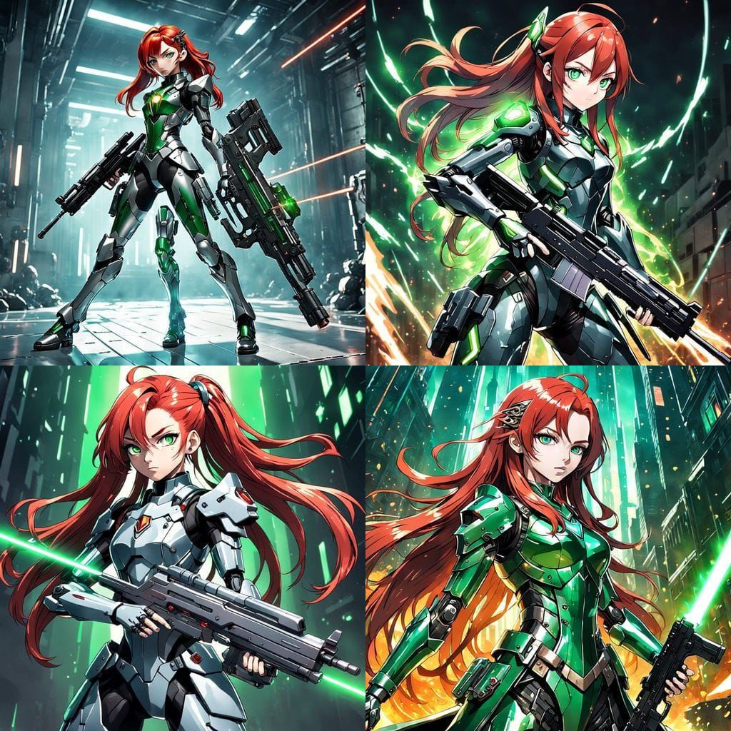 Cyberpunk Gynoid in Gunmetal Armor with Vibrant Red Hair