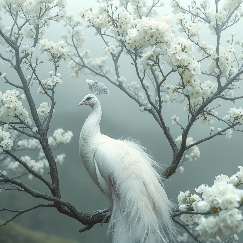 Ethereal White Peacock in Misty, Blooming Tree