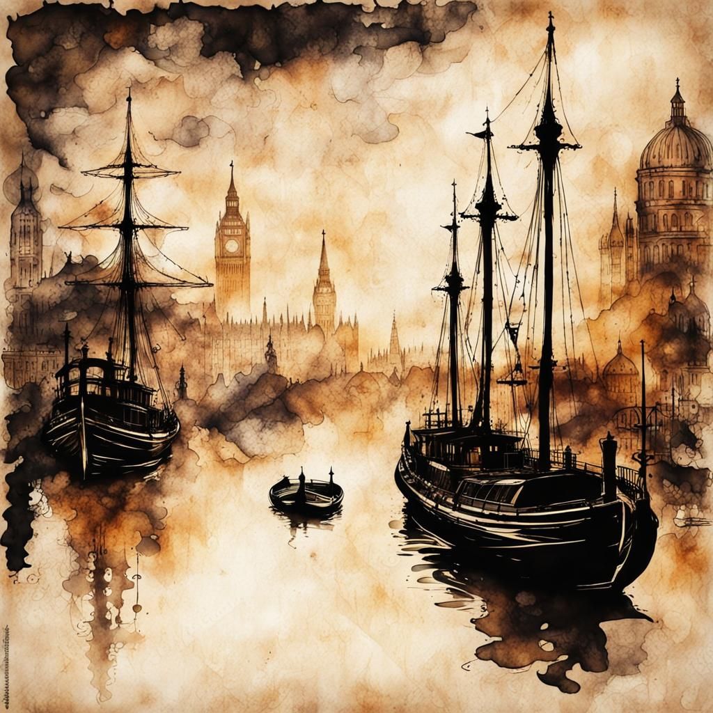 Steampunk River Thames Ink Painting with Boats