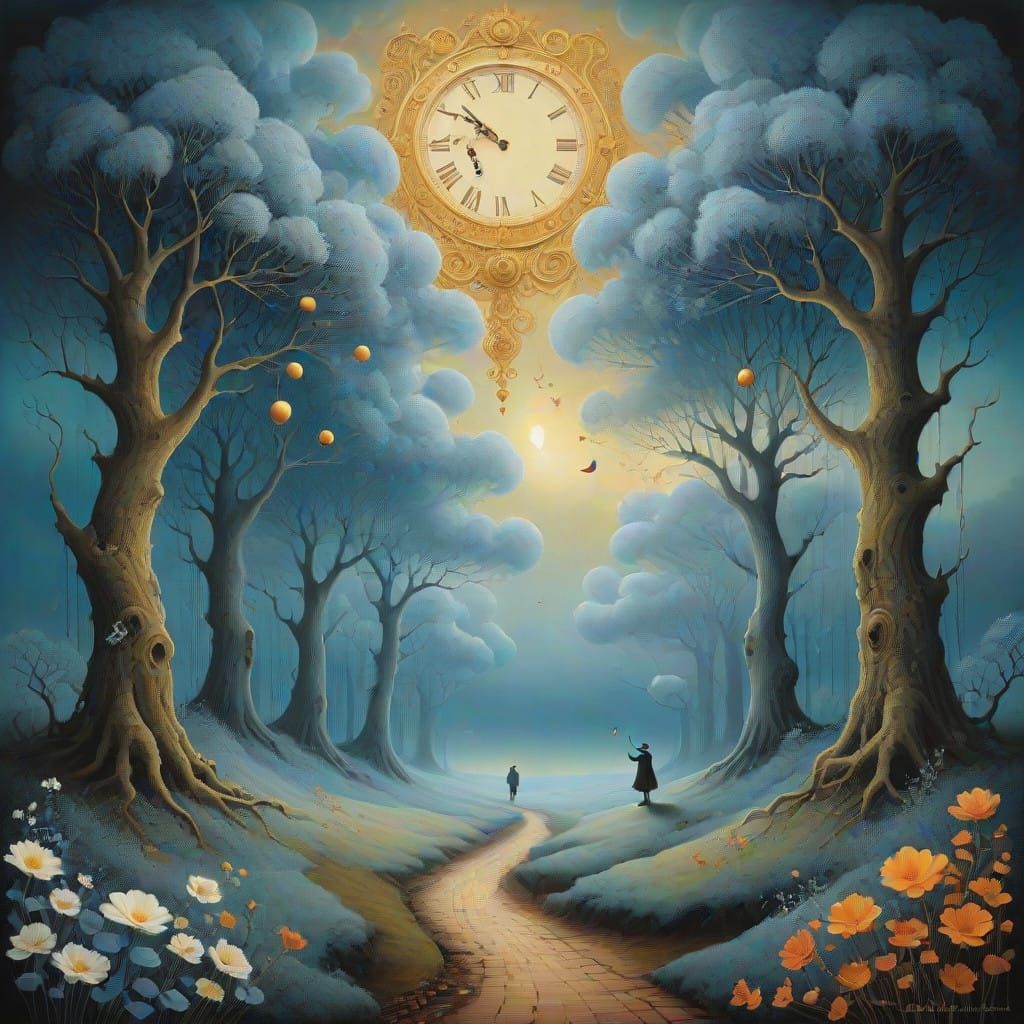 Surreal Seasonal Celebration in Whimsical Tapestry Style