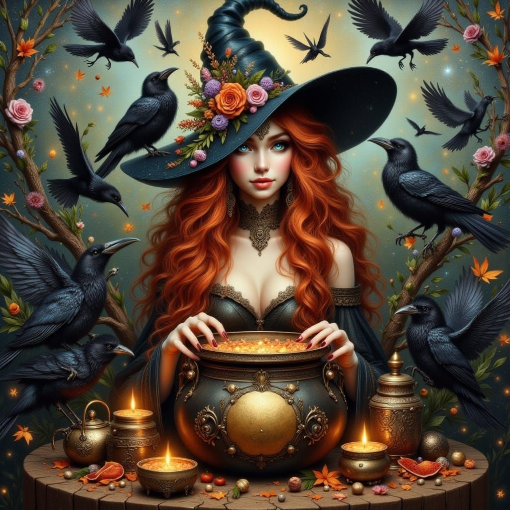 Pretty Witch with Red Hair and Magic Cauldron, Oil Painting