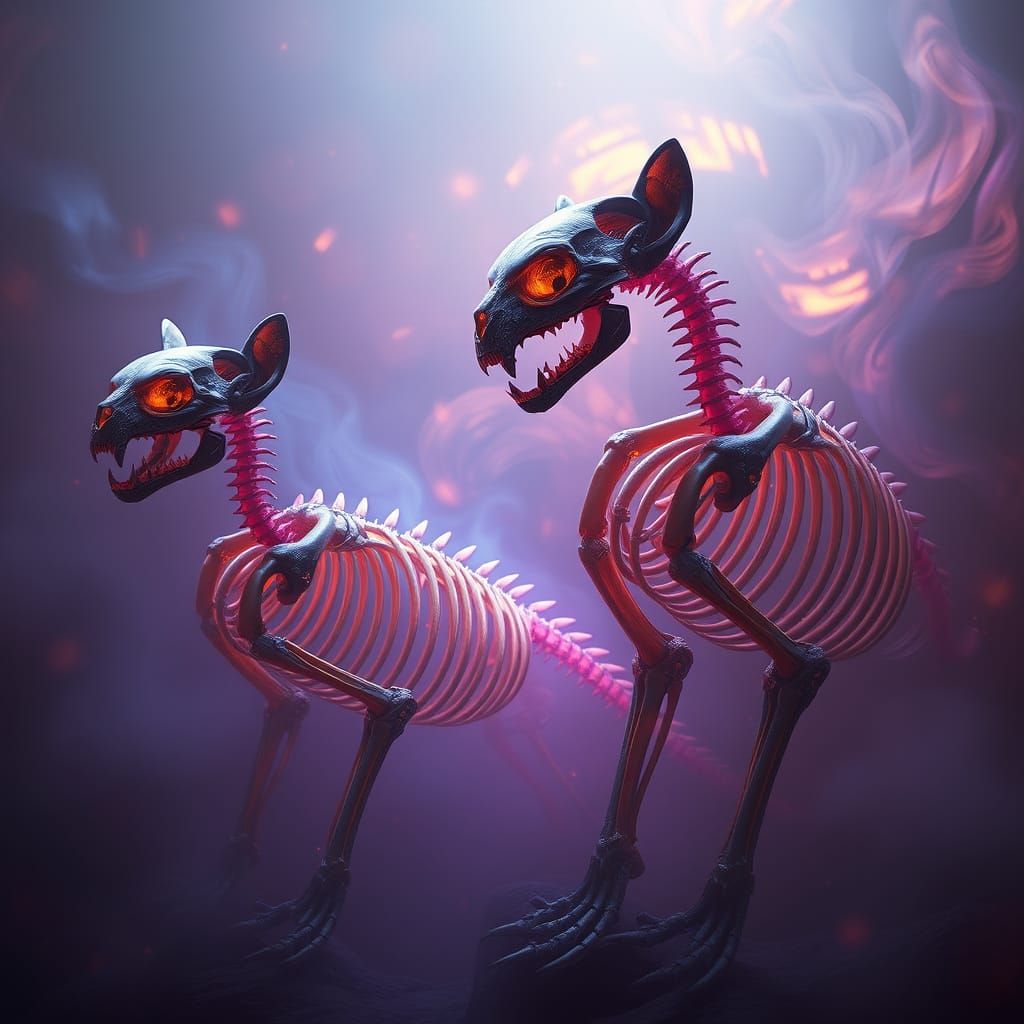 Skeletal Felines Emerge from Ethereal Bone Latticework