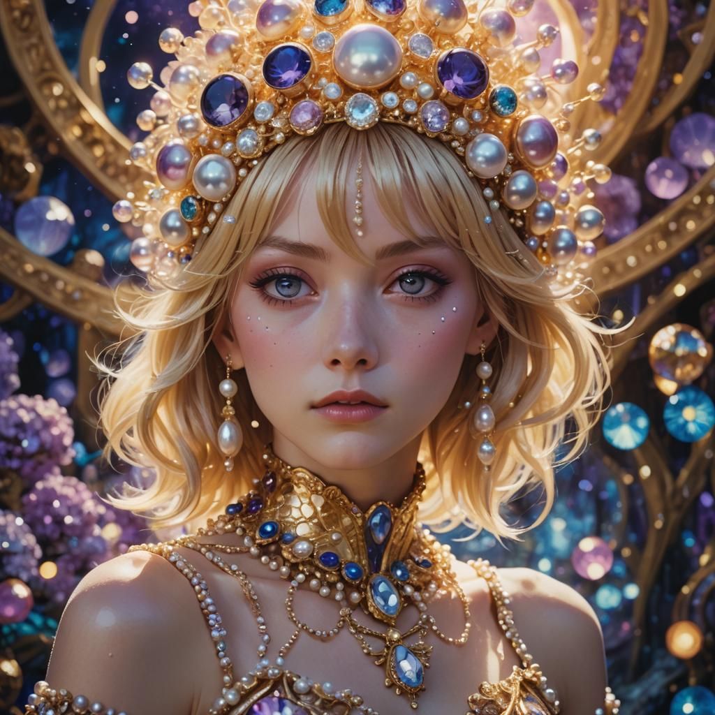 Surreal Anime Portrait of Blonde Woman with Headpiece