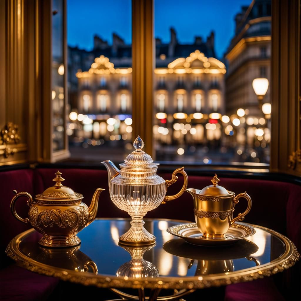 Parisian Cafe Interior at Night: Crystal and Gold