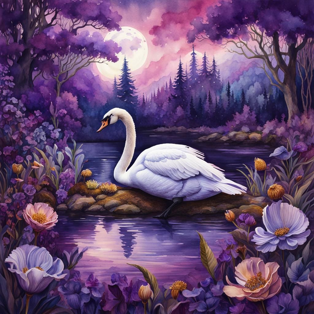 Purple Wilderness Swan: Watercolour Fantasy