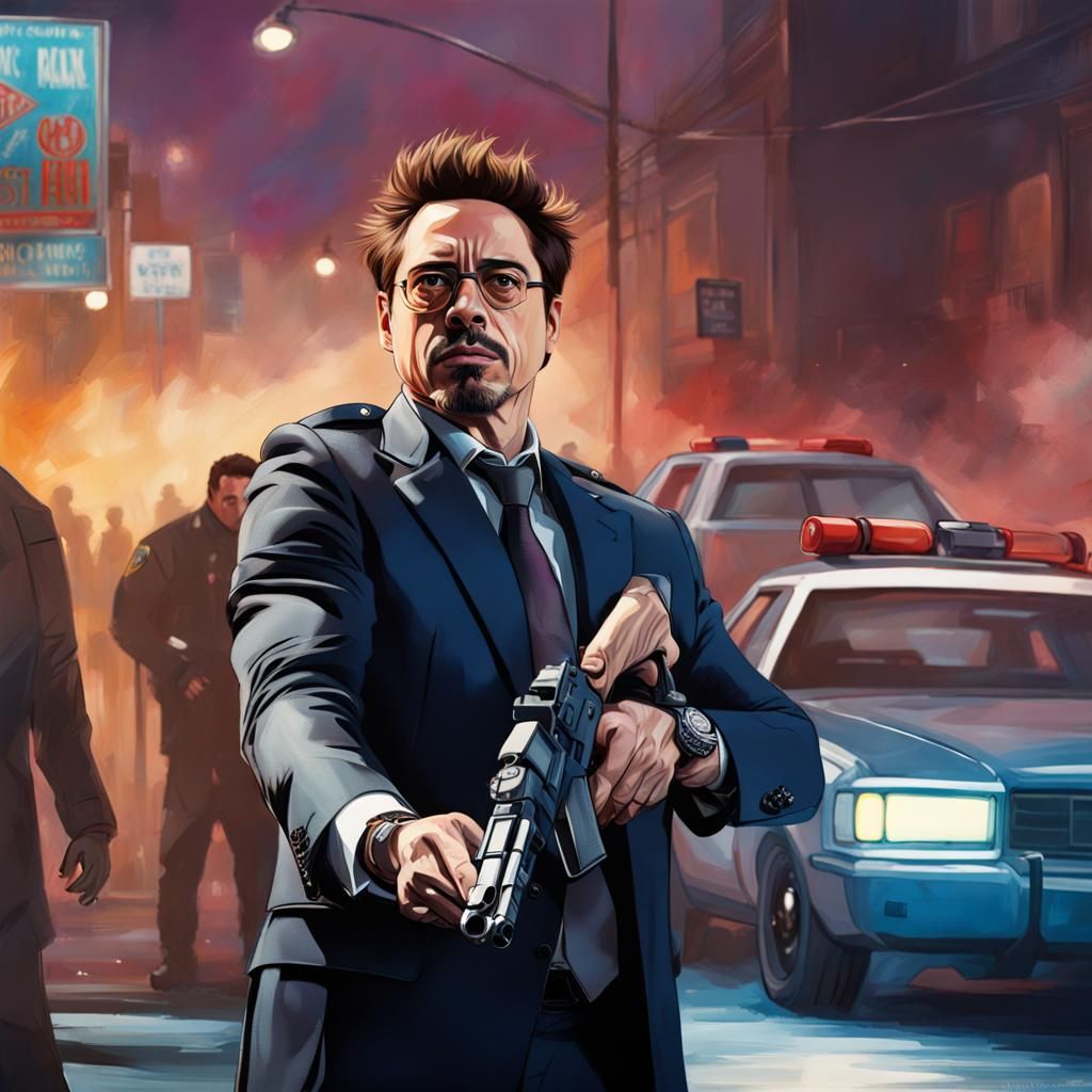 Hyperrealistic Robert Downey Jr. in Police Shootout