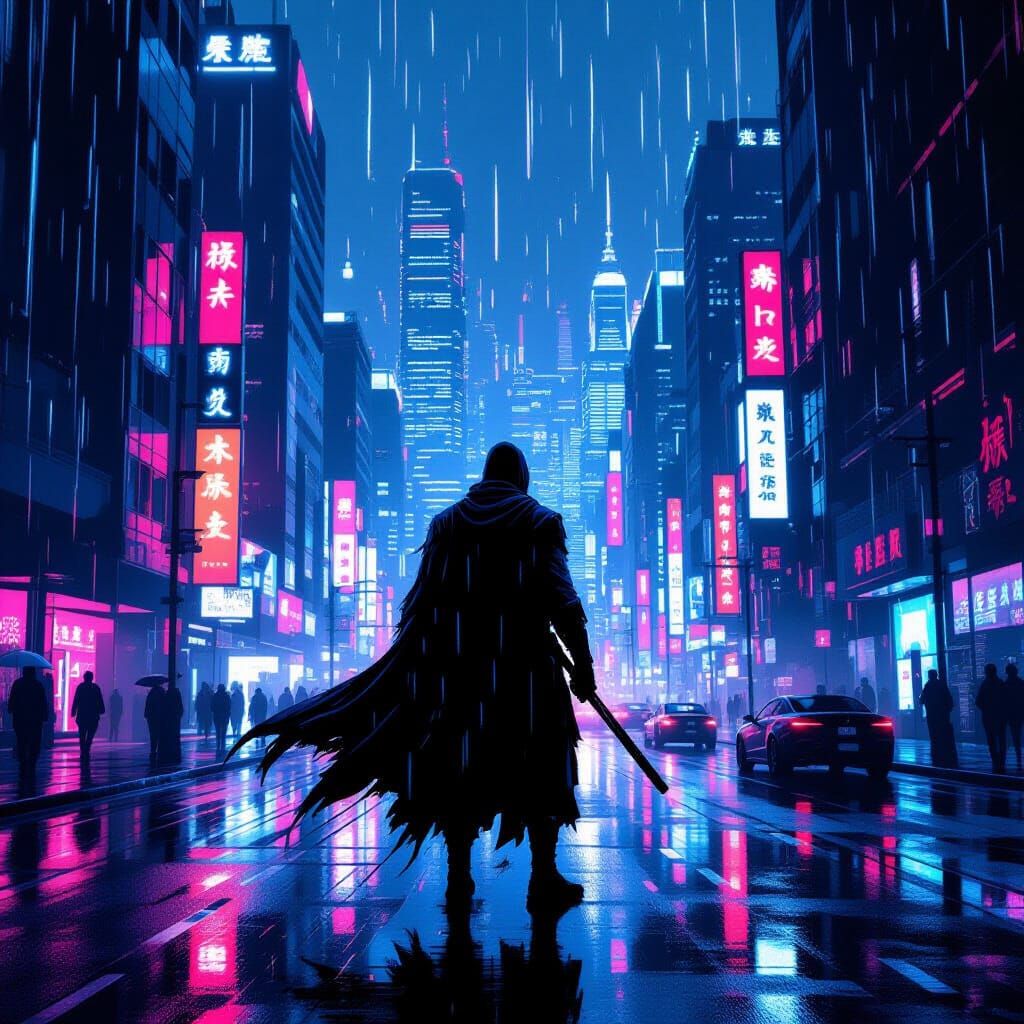 Cyberpunk Ninja in Neon Metropolis Digital Art