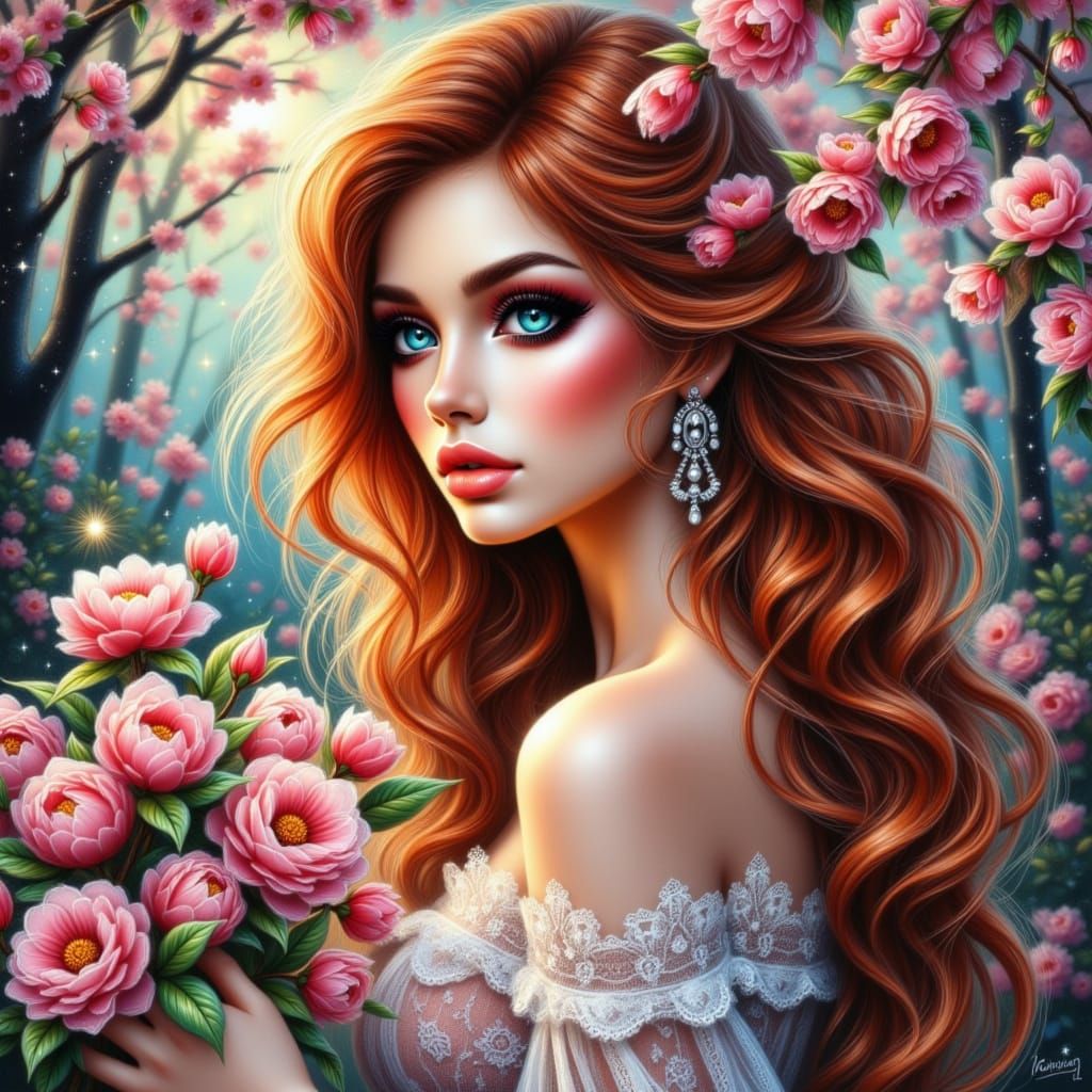 Fantasy Boho Lady with Cherry Blossoms and Stardust