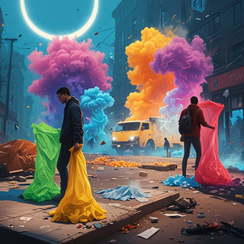 Concept Art of People Sorting Trash in Swirling Mist