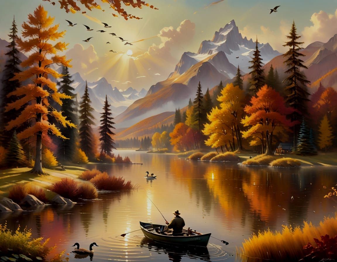 Autumnal Pond Scene Inspired by Kinkade